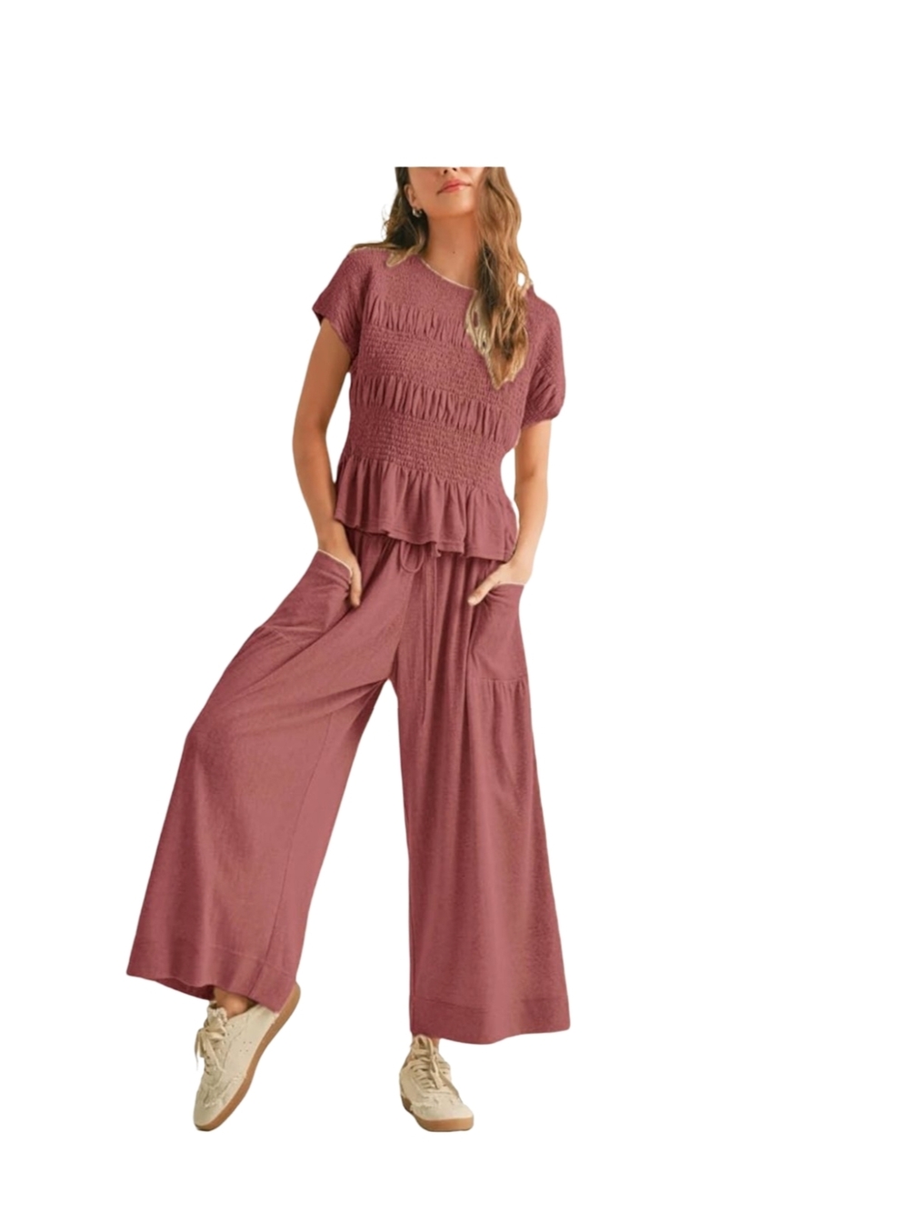 Smocked Peplum Top & Wide-Leg Pants Set